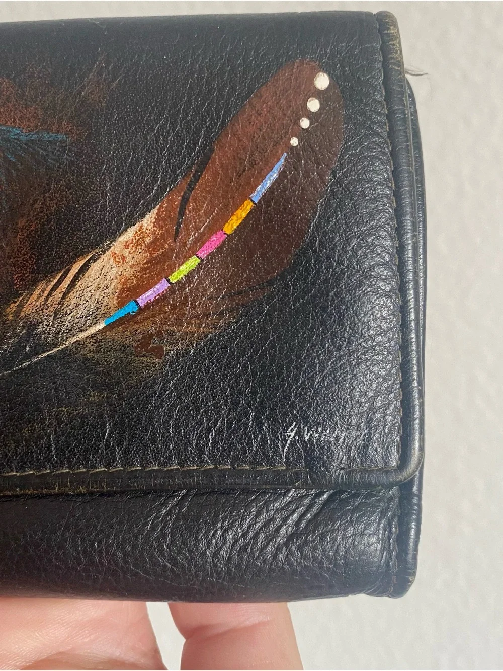 Black Leather Wallet with Feather & Bear Artwork